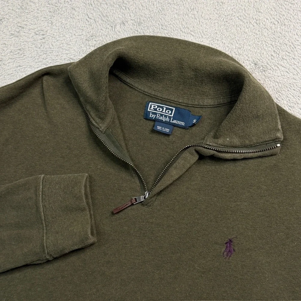 Polo Ralph Lauren Mens Small Olive Green Quarter Zip Pullover Elbow Patches